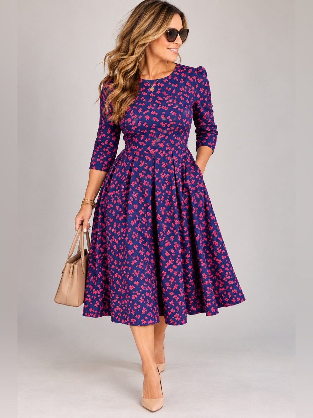 Boutique XL Navy Pink Floral Fit & Flare Midi Dress 3/4 Sleeve Pockets